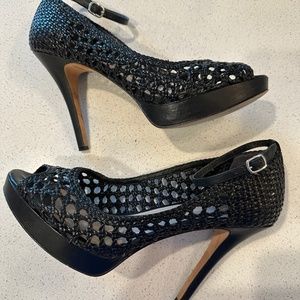 Woven black leather peep toe heels